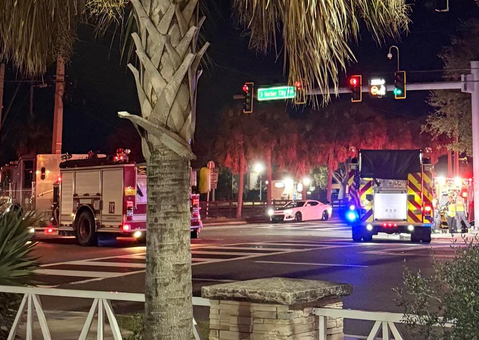 Motorcycle t-boned Mustang at the intersection near WaWa in Downtown Melbourne. Rescue on-scene.