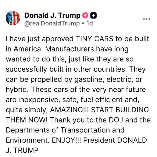 🚨 Trump Says He Has “Approved” Tiny Cars For America – But Safety Standards Say Otherwise President Donald Trump posted...