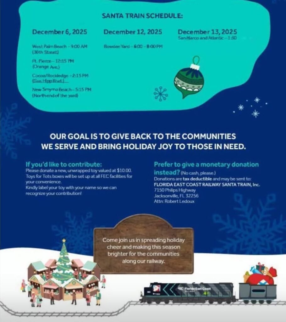 The Florida East Coast Railway Santa Train will be coming north into south brevard county,  micco area about 1 30 pm and...