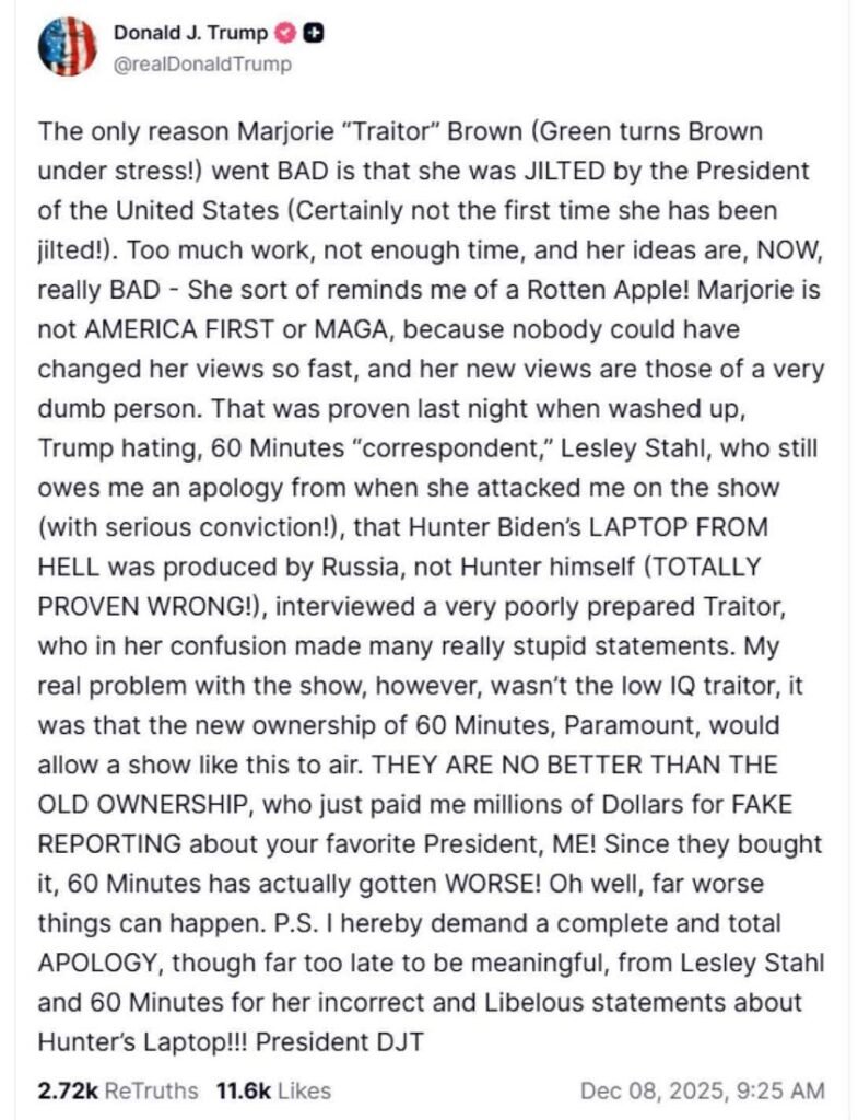 President Trump lashes out after Marjorie Taylor Green's 60 min interview aired last night where she claims Republicans...