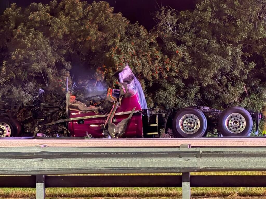 A red semi has been burned to the ground on 95 South just after Wickham.