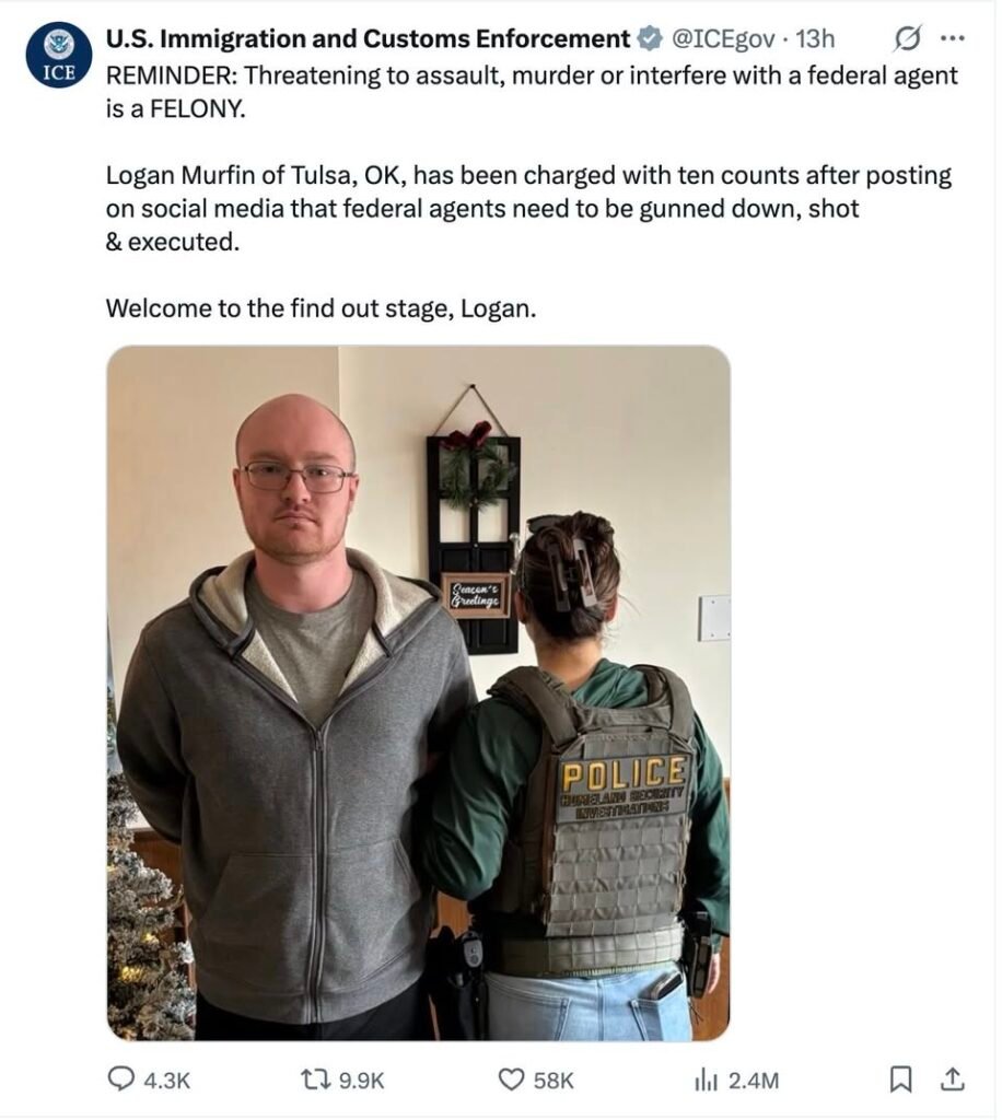 🚨 FEDERAL ARREST OVER SOCIAL MEDIA THREATS 🚨 ICE announced today that Logan Murfin of Tulsa, Oklahoma has been hit wit...
