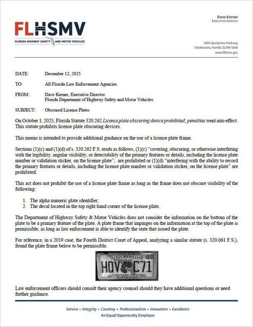 Clarifying guidance on Florida’s new license plate law, that contradicts some of the earlier guidance advertised.