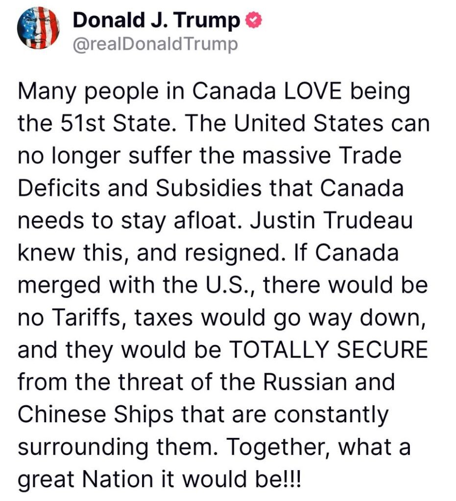 Trump proposes Canada merge with the U.S. becoming the 51st state.