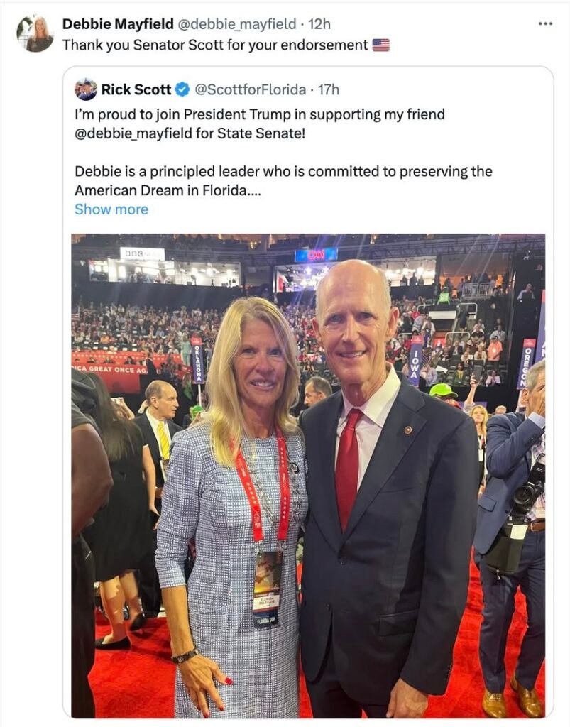 Senator Rick Scott falsely states that President Trump supports Representative Debbie Mayfield's candidacy for Florida S...
