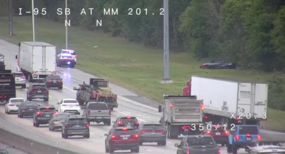 Crash on 95 N. after Fiske. Vehicle in the woods. Expect delays.