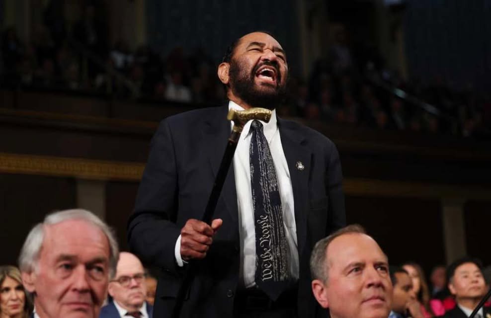 Rep. Al Green, a Democrat from Texas, was removed from the House floor after standing in protest to President Donald Tru...