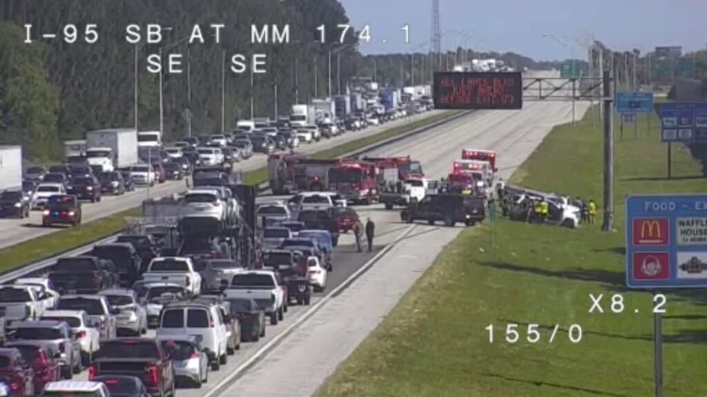 95 south just after Palm Bay Rd shut down due to major multi car accident and a dump truck.