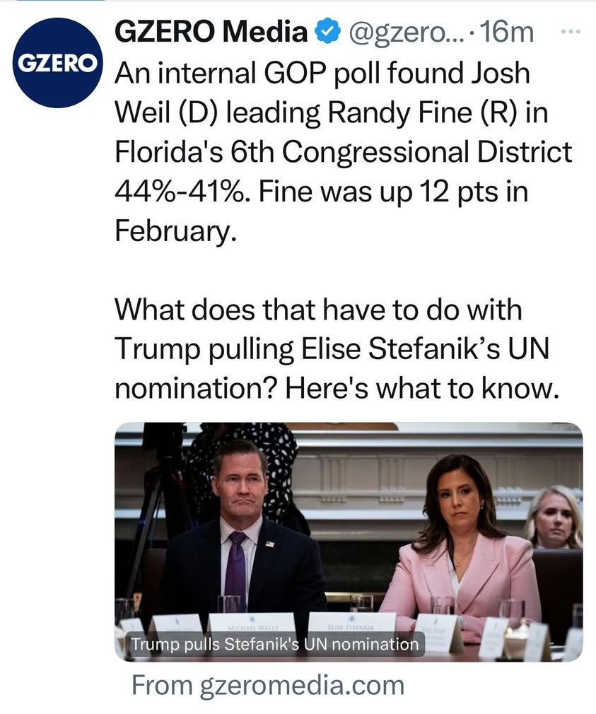 BREAKING: An internal poll commissioned by President Trump himself shows Randy Fine losing the congressional race in CD6...