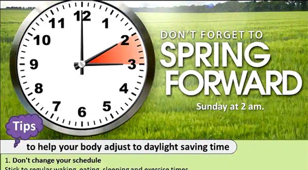 REMINDER: Set Your Clock Forward One Hour Sunday Morning at 2 a.m. for Daylight Saving Time