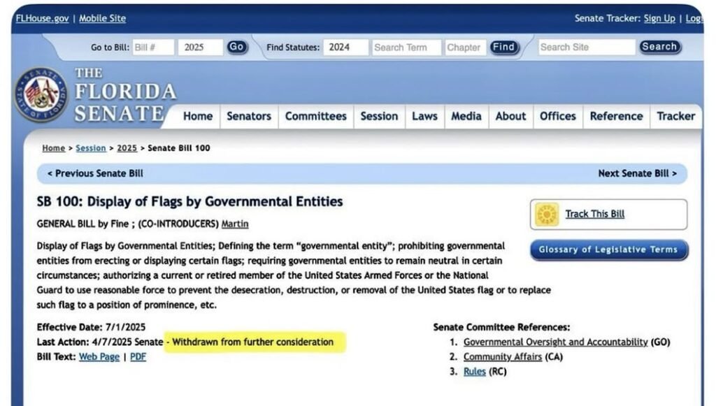 BREAKING: Fine's bill, SB 100 which banned certain flags from being displayed by Government Entities is officially dead....