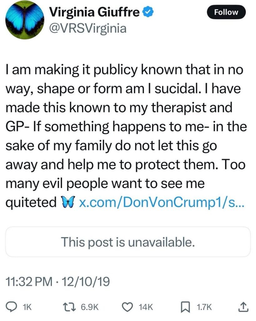 Virginia Giuffre tweeted this in 2019. Critics are skeptical of her reported suicide yesterday comparing it to the suici...