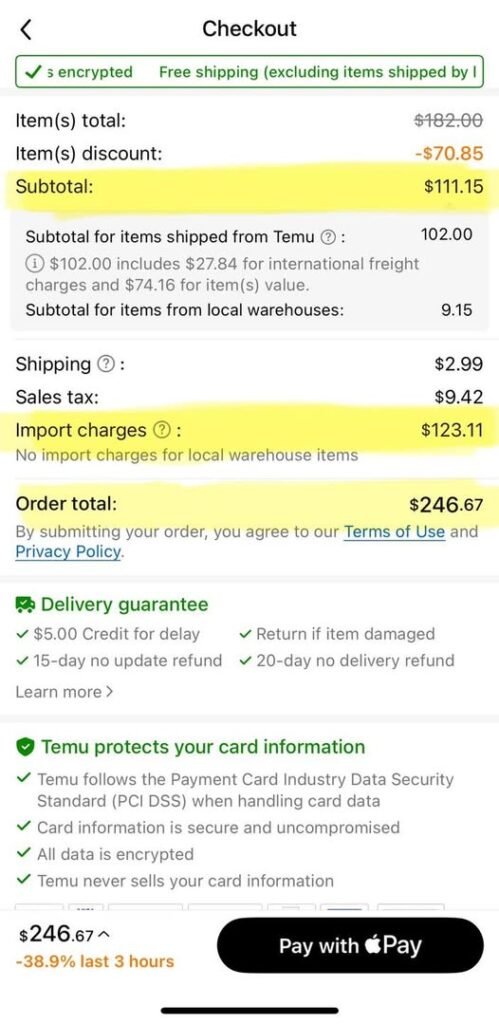 Just tried myself and verified. TEMU has added significant “import charges” to orders to the United States. In this case...