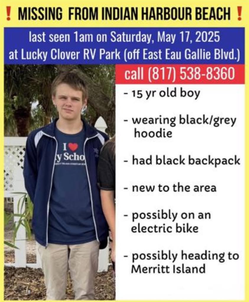 🚨MISSING 15 yr old boy from Lucky Clover RV Park (off East Eau Gallie Blvd.), INDIAN HARBOUR BEACH 🚨 He was wearing a...