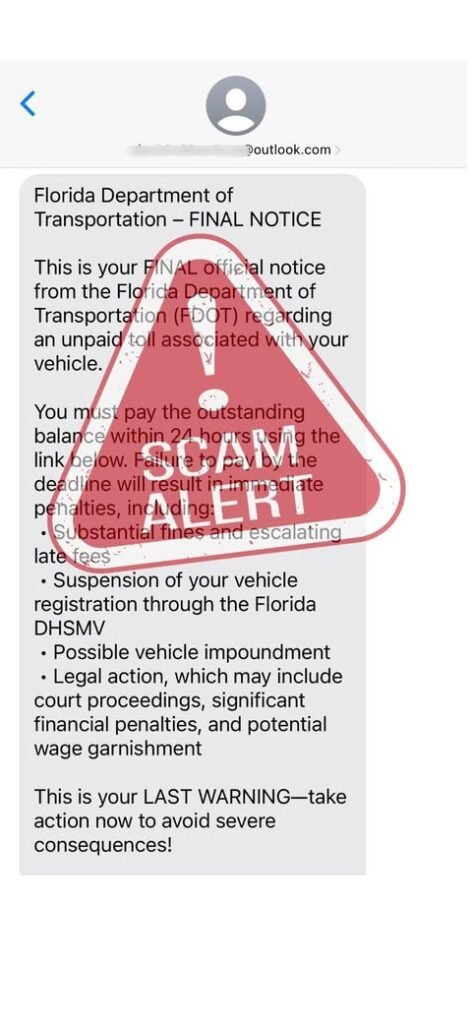 🚨 SCAM ALERT 🚨 Have you received a text claiming you owe unpaid tolls? It’s a scam! Don’t click any links, don’t reply...