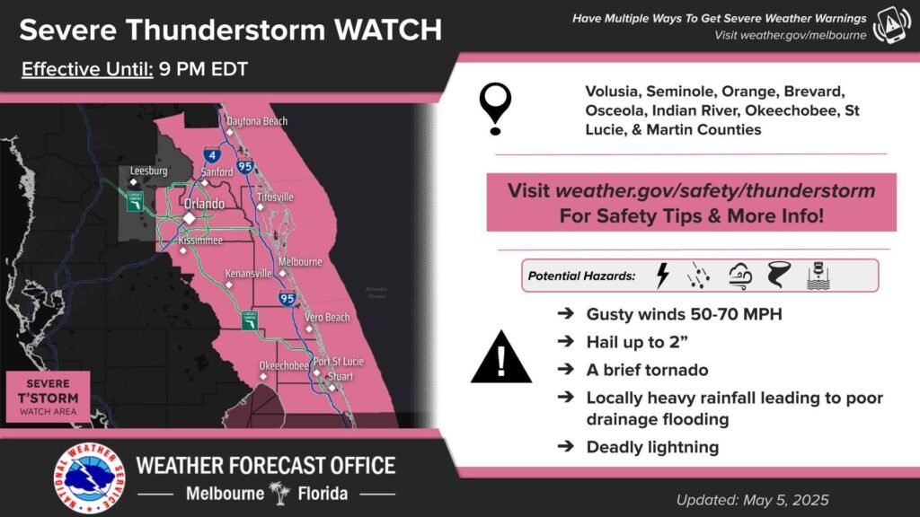 National Weather Service Issues Severe Thunderstorm Watch for Brevard Until 9 p.m.