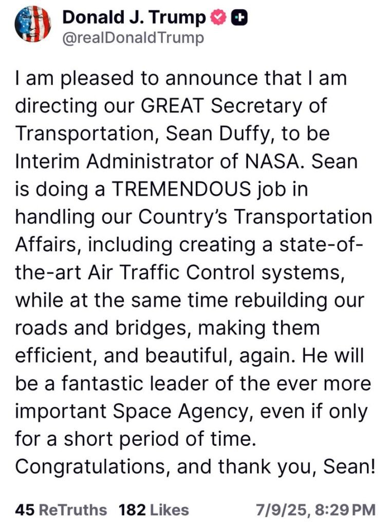 🚀 BREAKING: Trump Names Sean Duffy as Interim NASA Administrator 🚀 In a surprise announcement on Truth Social, Preside...