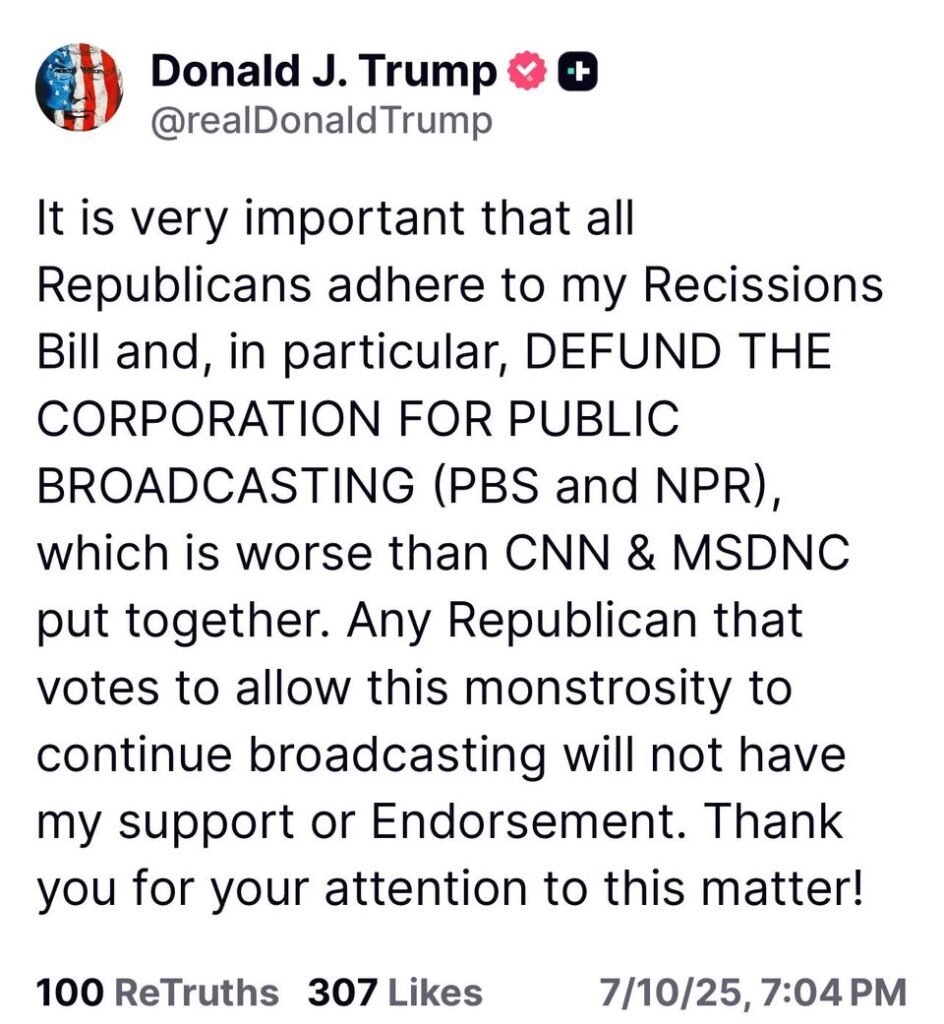 President Trump Threatens Republicans Over Public Broadcasting  In a post Tuesday evening, President Donald Trump issued...