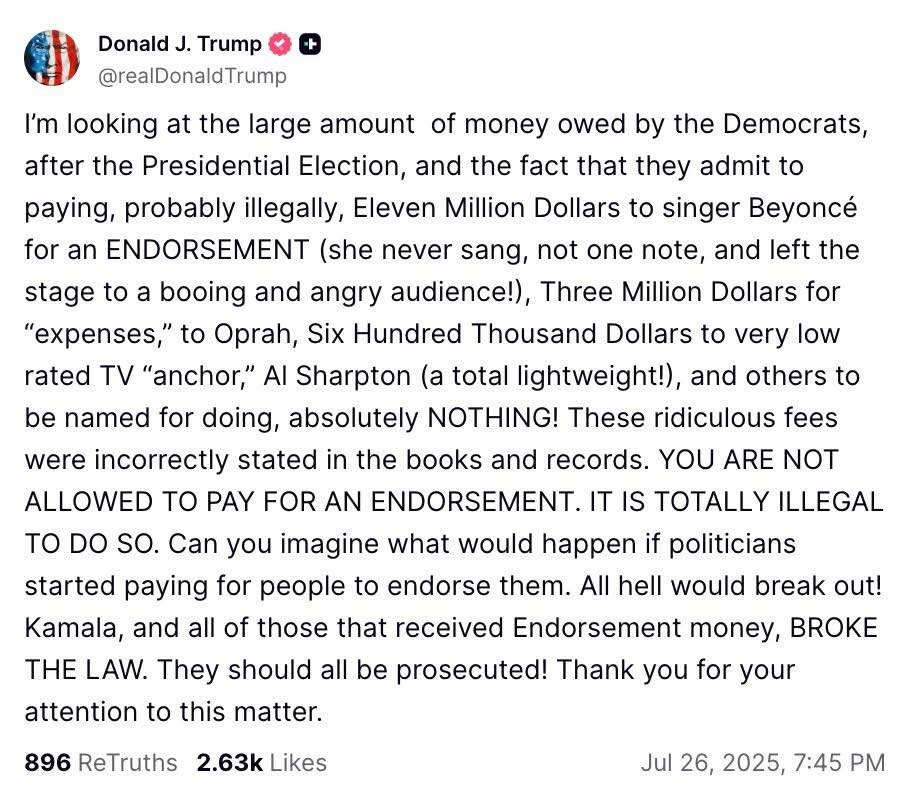 BREAKING: TRUMP CALLS FOR KAMALA HARRIS, OPRAH WINFREY, AND BEYONCÉ TO BE ARRESTED AND PROSECUTED.
