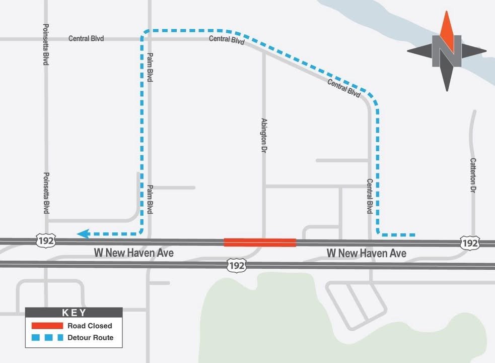 𝐓𝐫𝐚𝐟𝐟𝐢𝐜 𝐀𝐝𝐯𝐢𝐬𝐨𝐫𝐲: Westbound U.S. 192 (West New Haven Avenue) is closed at Abington Drive in West Melbourn...