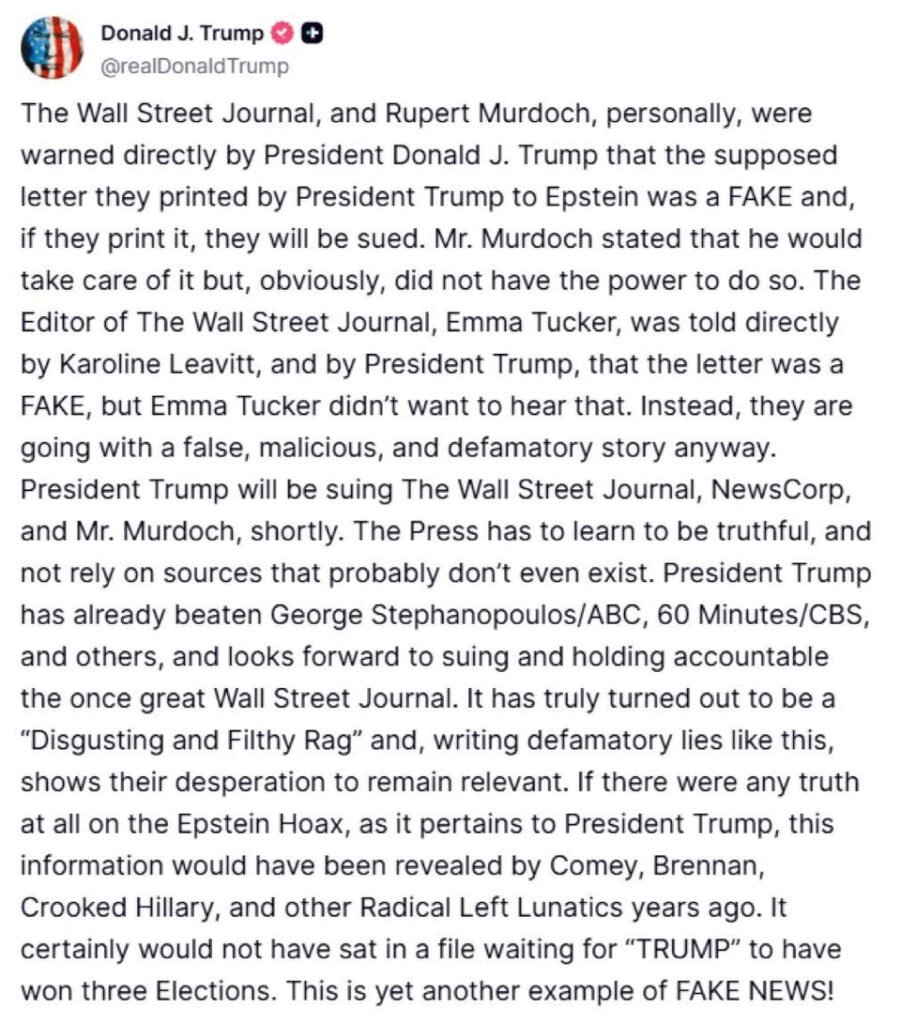 Trump says he's suing the Wall Street Journal, NewsCorp and Rupert Murdoch over story alleging letter to Jeffrey Epstein...