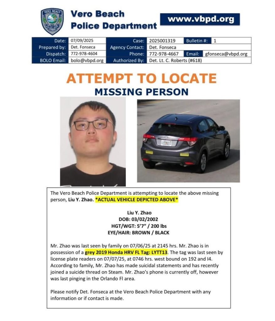 ***MISSING PERSON*** The Vero Beach Police Department is attempting to locate the below missing person, Liu Y. Zhao.  *A...