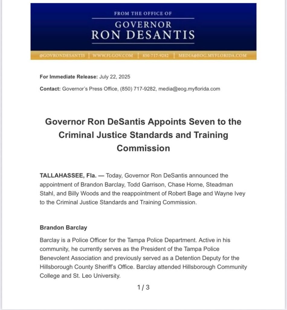 Sheriff Wayne Ivey was reappointed by Gov. DeSantis to another 4 year term as a Commissioner on the Florida Criminal Jus...
