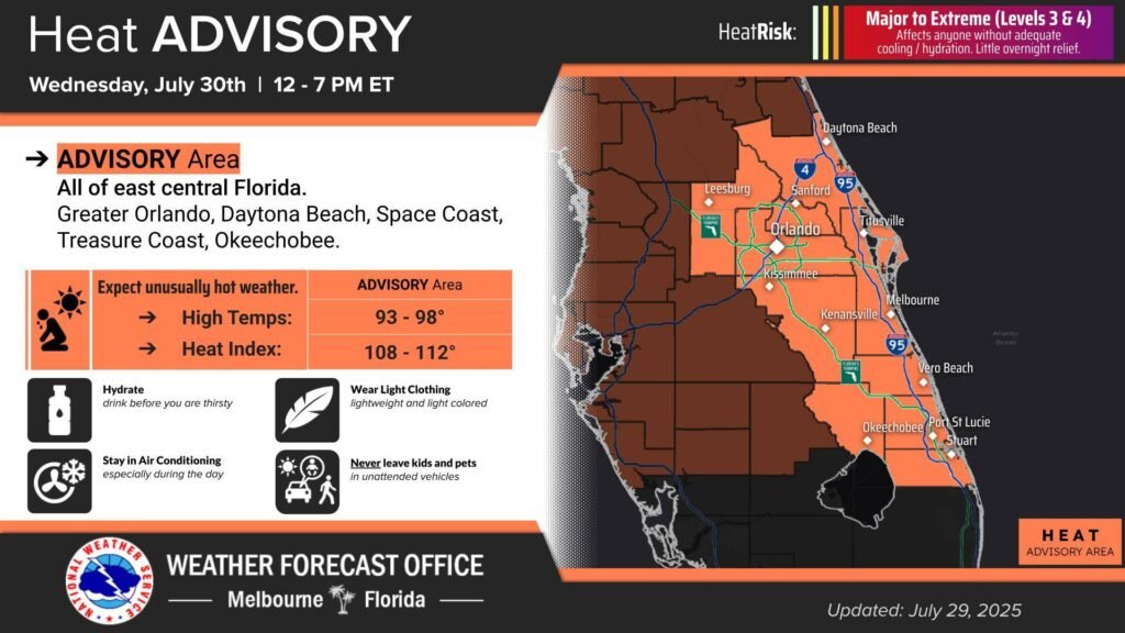 National Weather Service Extends Heat Advisory, Heat Index 108-112 Wednesday on the Space Coast