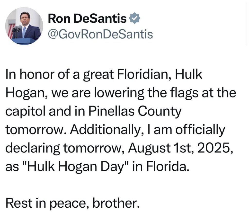 📰 BREAKING: Governor DeSantis Declares “Hulk Hogan Day” in Florida  Governor Ron DeSantis has announced that flags will...
