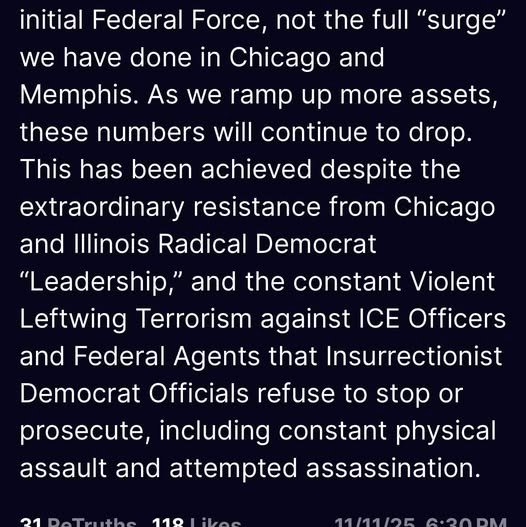 BREAKING: President Trump says violent crime in Chicago has dropped sharply since the launch of DHS’s “Operation Midway...