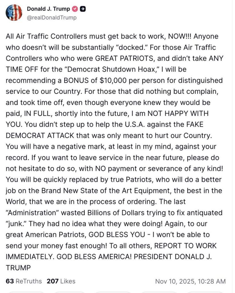 🚨 BREAKING: TRUMP THREATENS AIR TRAFFIC CONTROLLERS 🚨 President Donald J. Trump just posted a message ordering all Air...