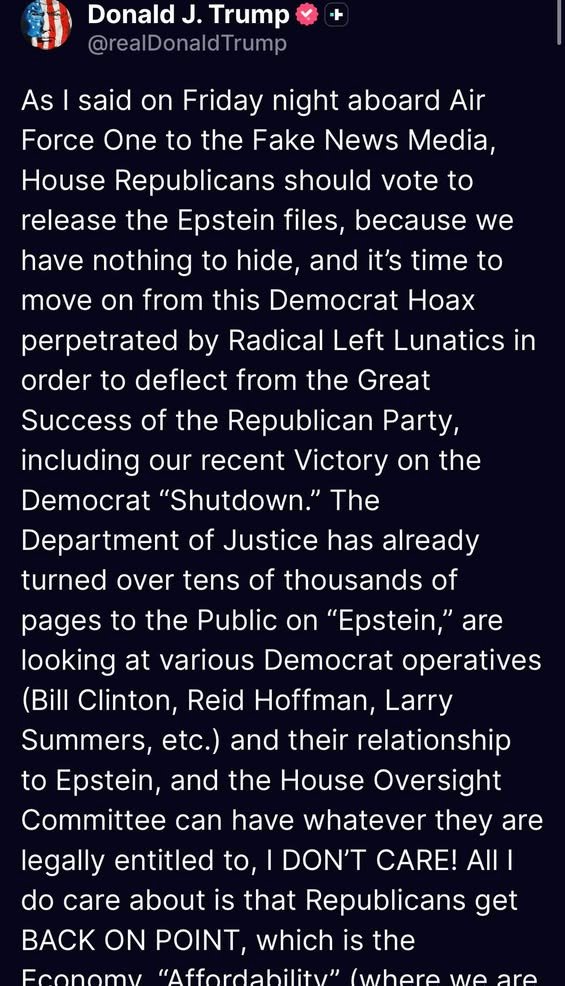 BREAKING NEWS President Donald Trump is now publicly urging House Republicans to vote to release the full Epstein files,...