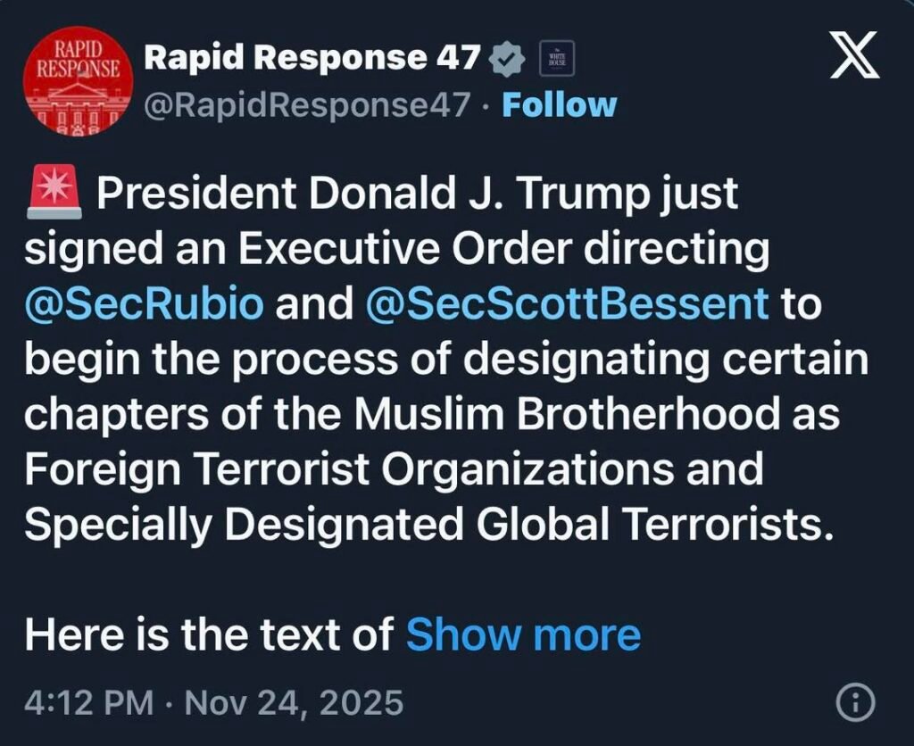 BREAKING: President Trump Signs Executive Order Targeting Certain Muslim Brotherhood Chapters as Terrorist Organizations...