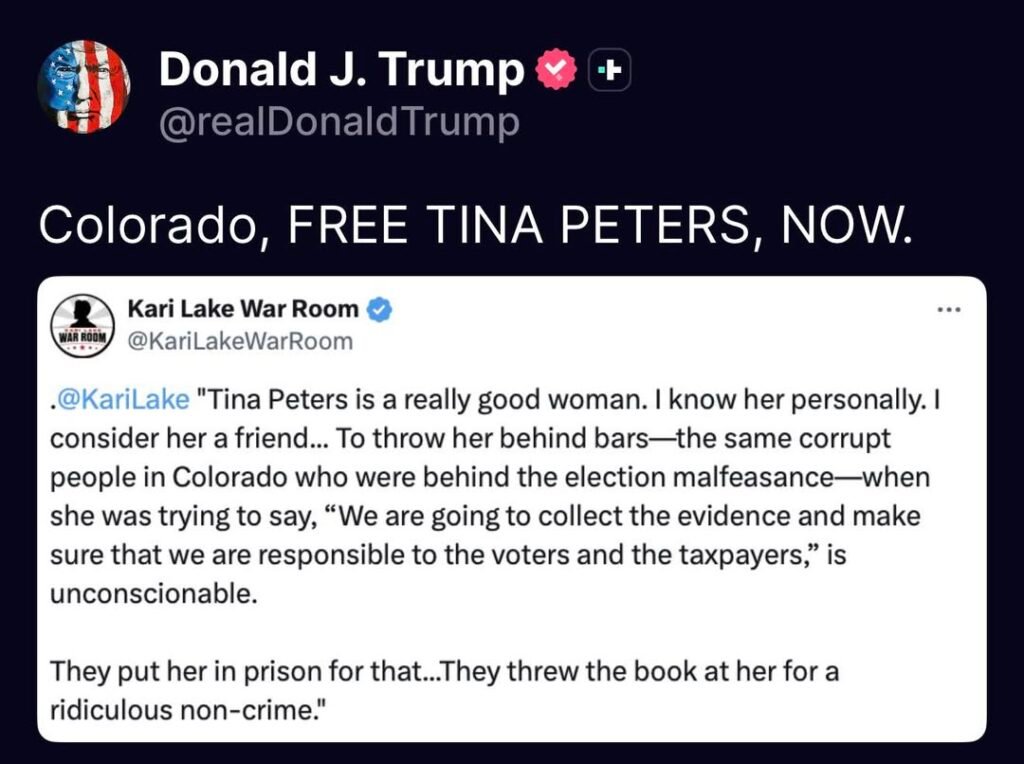 Trump is now calling for Colorado to “FREE TINA PETERS.” Here’s the reminder everyone needs. Tonight, President Trump po...