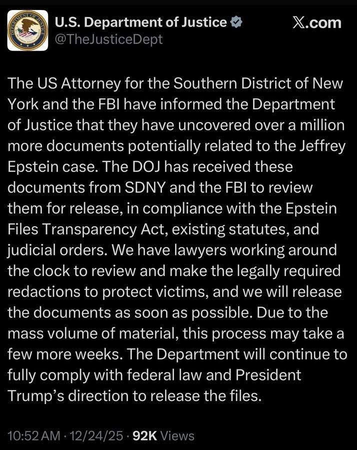 The DOJ says it has discovered over a million more documents.