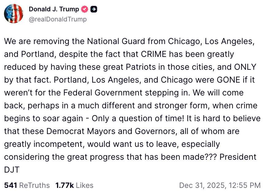President Trump announces he is removing the National Guard from Chicago, Los Angeles, and Portland.