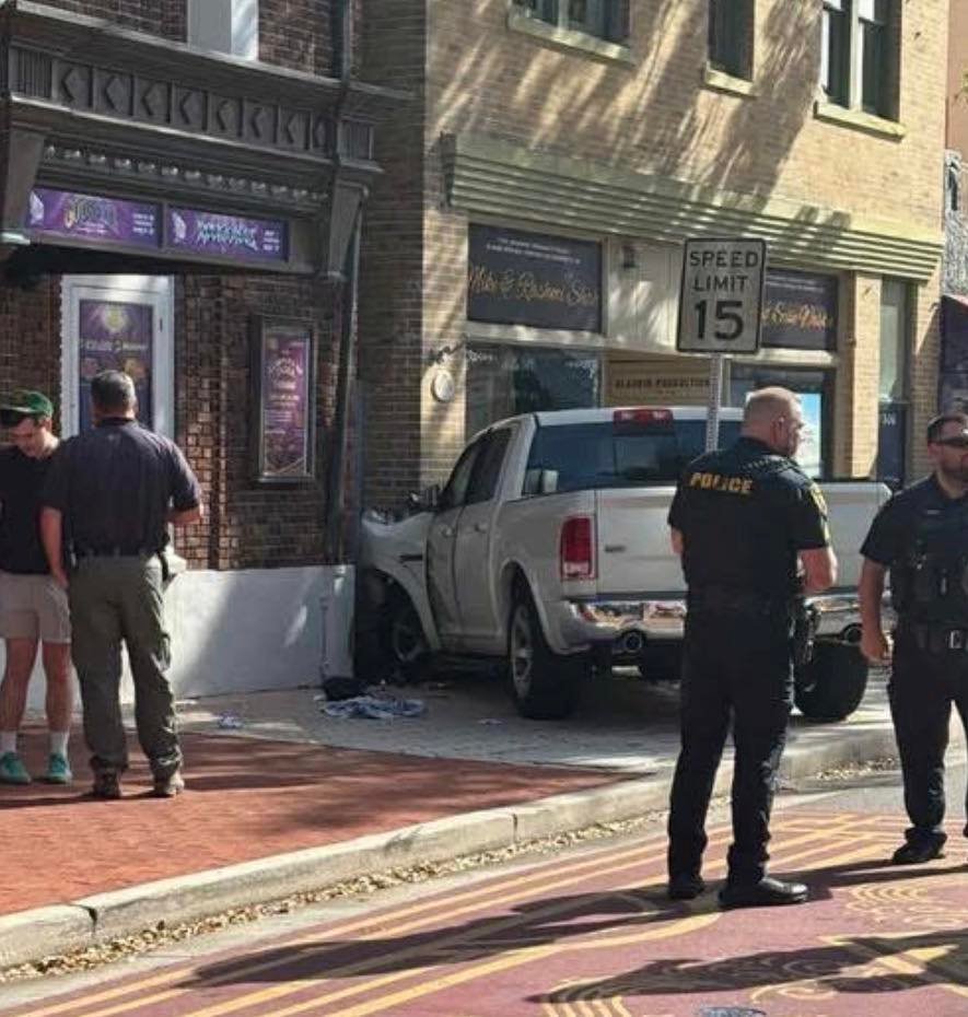 Photo of truck that hit pedestrian then crashed into Cocoa Village Playhouse. Not actually inside the building.