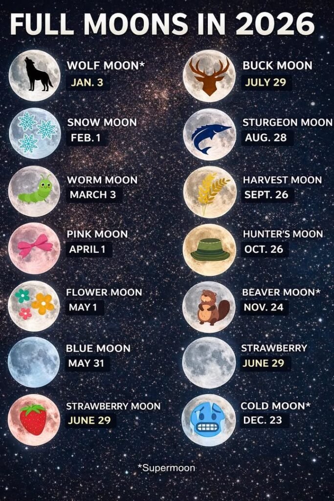 🌕 FULL MOONS IN 2026 🌕 If you love watching the night sky, here are all the full moons you can look forward to in 2026...