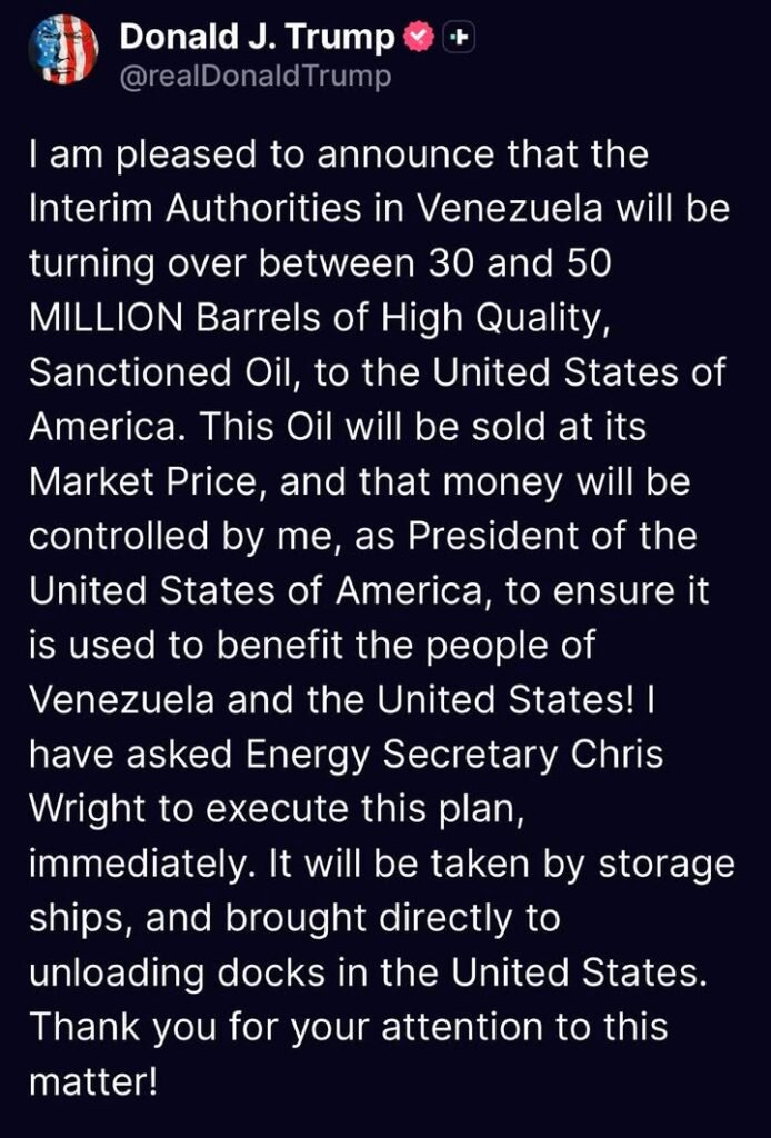 🚨 BREAKING: Trump Announces Deal for Venezuelan Oil 🚨 Donald Trump announced today that Interim Authorities in Venezue...
