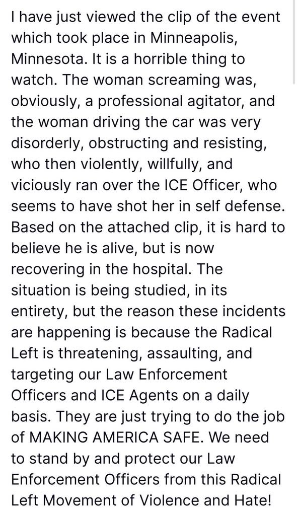President Trump just stated that the ICE Officer was violently and viscously “ran over” by the woman and he’s lucky to b...