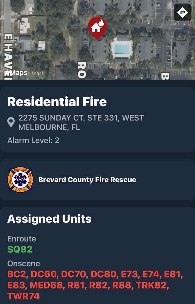 Large apartment fire in West Melbourne. Also reports of a fire in Viera area.