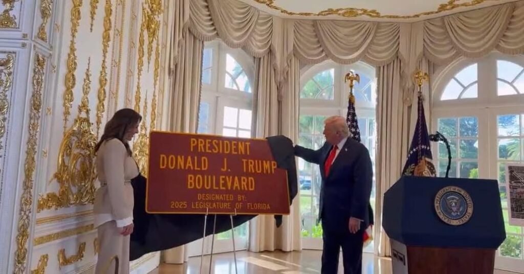 President Trump unveils the sign for a new stretch of road named after him in Palm Beach County. President Donald J. Tru...