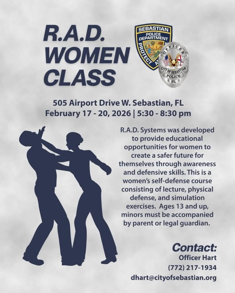 The Sebastian Police Department is hosting a R.A.D. women’s self-defense class from February 17th to the 20th. The class...