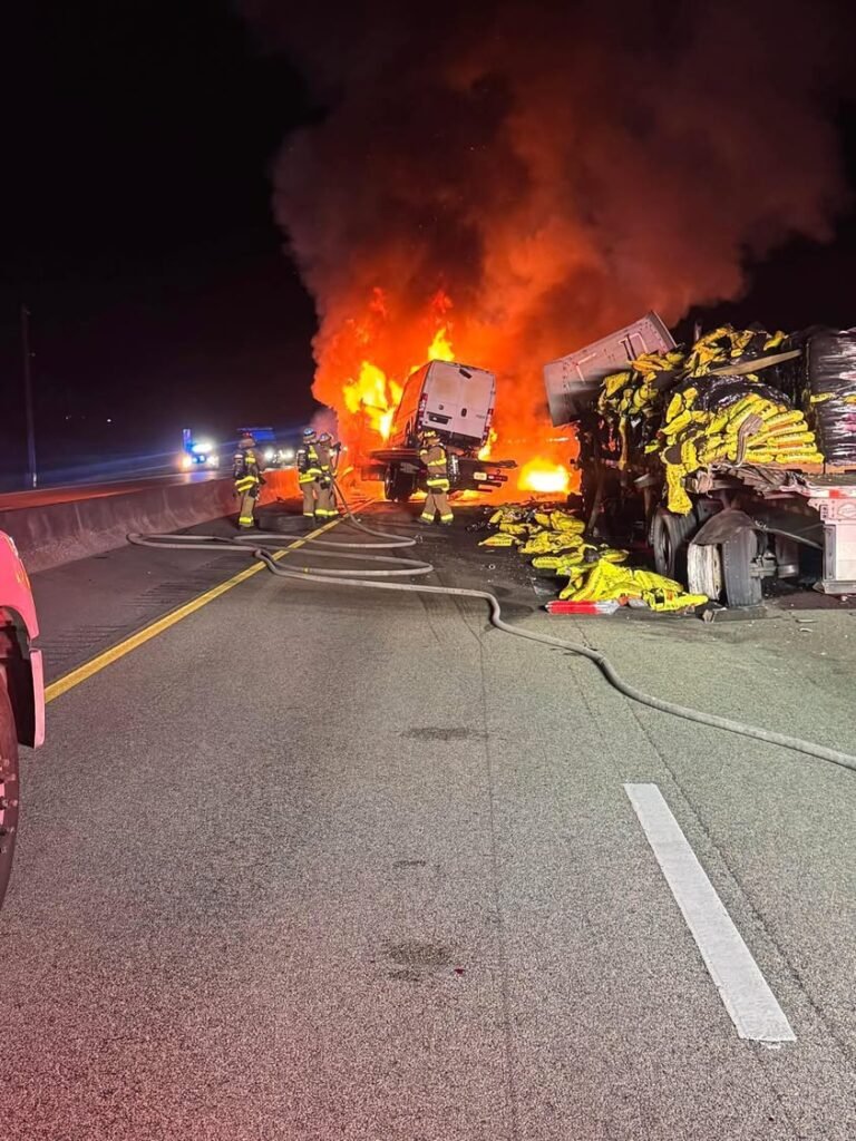 Crash, Florida Turnpike southbound at the 129 mile marker. A disabled semi tractor trailer was hit by a passing tow tru...