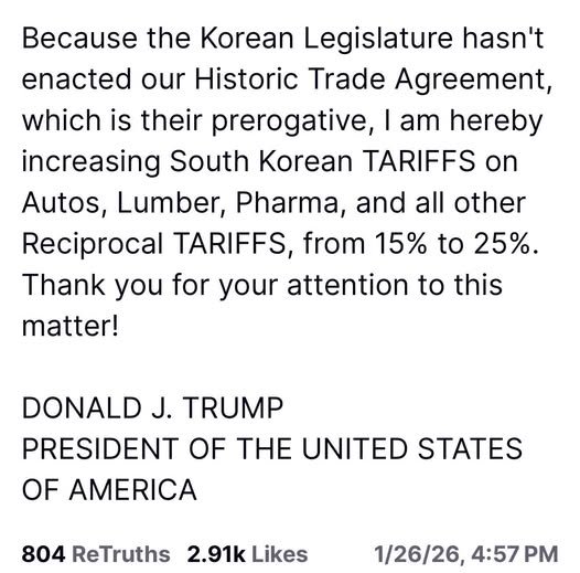 President Trump announces yet another tariff hike. This time on South Korea. ￼
