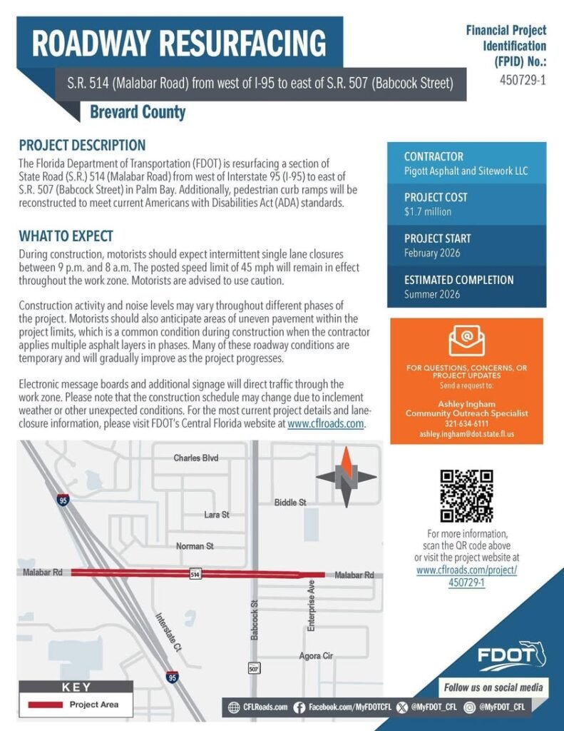 The Florida Department of Transportation (FDOT) is resurfacing a section of State Road (S.R.) 514 (Malabar Road) from we...