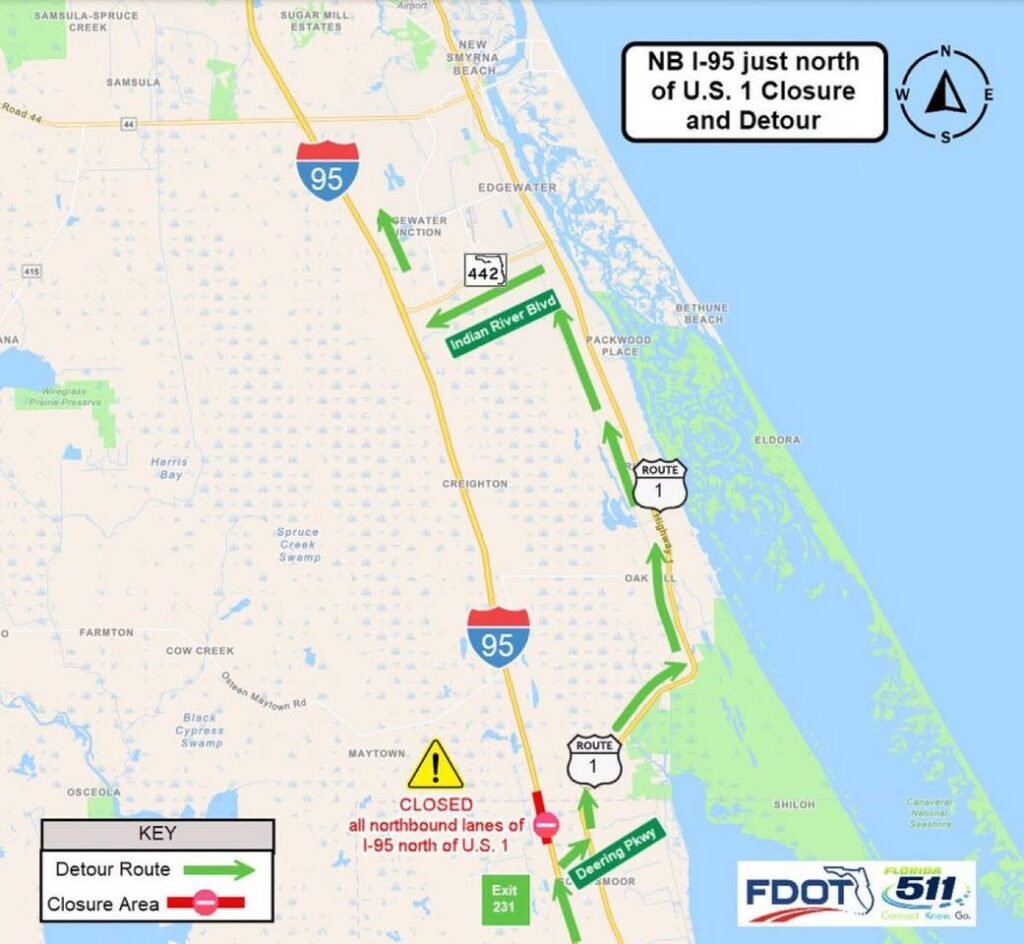 UPDATE: One lane on I-95 northbound is now open and the detour has been lifted.