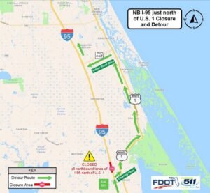 UPDATE: One lane on I-95 northbound is now open and the detour has been lifted.