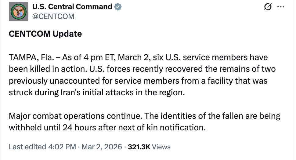 ‼️BREAKING: NOW 6 U.S. SERVICE MEMBERS HAVE BEEN KILLED ACCORDING TO CENTCOM