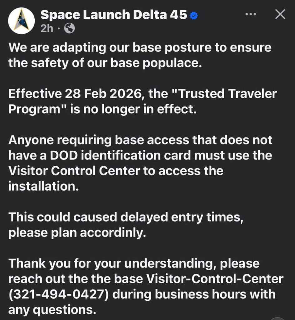 Patrick Space Force Base ups security posture in light of Iran war.